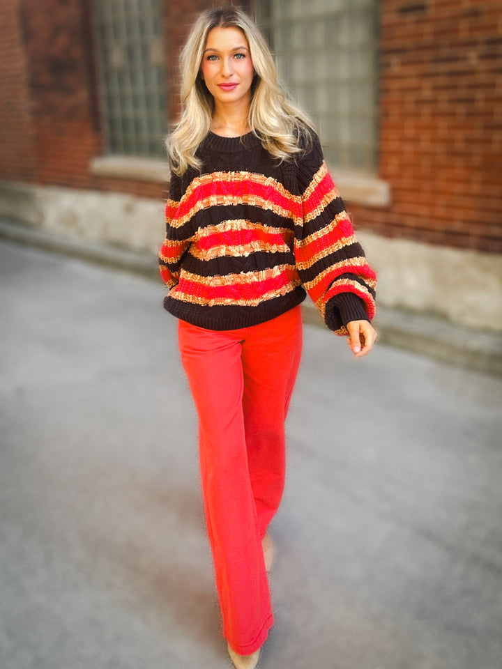 Free People Frankie Cable Stiped Sweater