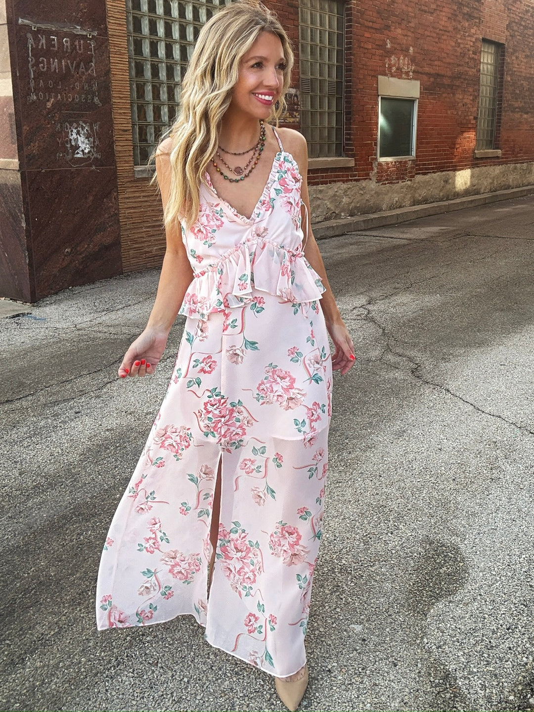 steve madden maxi dress Steve Madden Women's Ilara Floral Ruffle Detail Maxi Dress - Pink