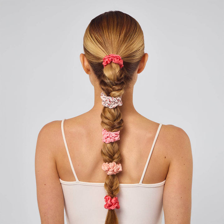 Kitsch Ruched Satin Scrunchies 5pc Set - Assorted Cherry Blossom