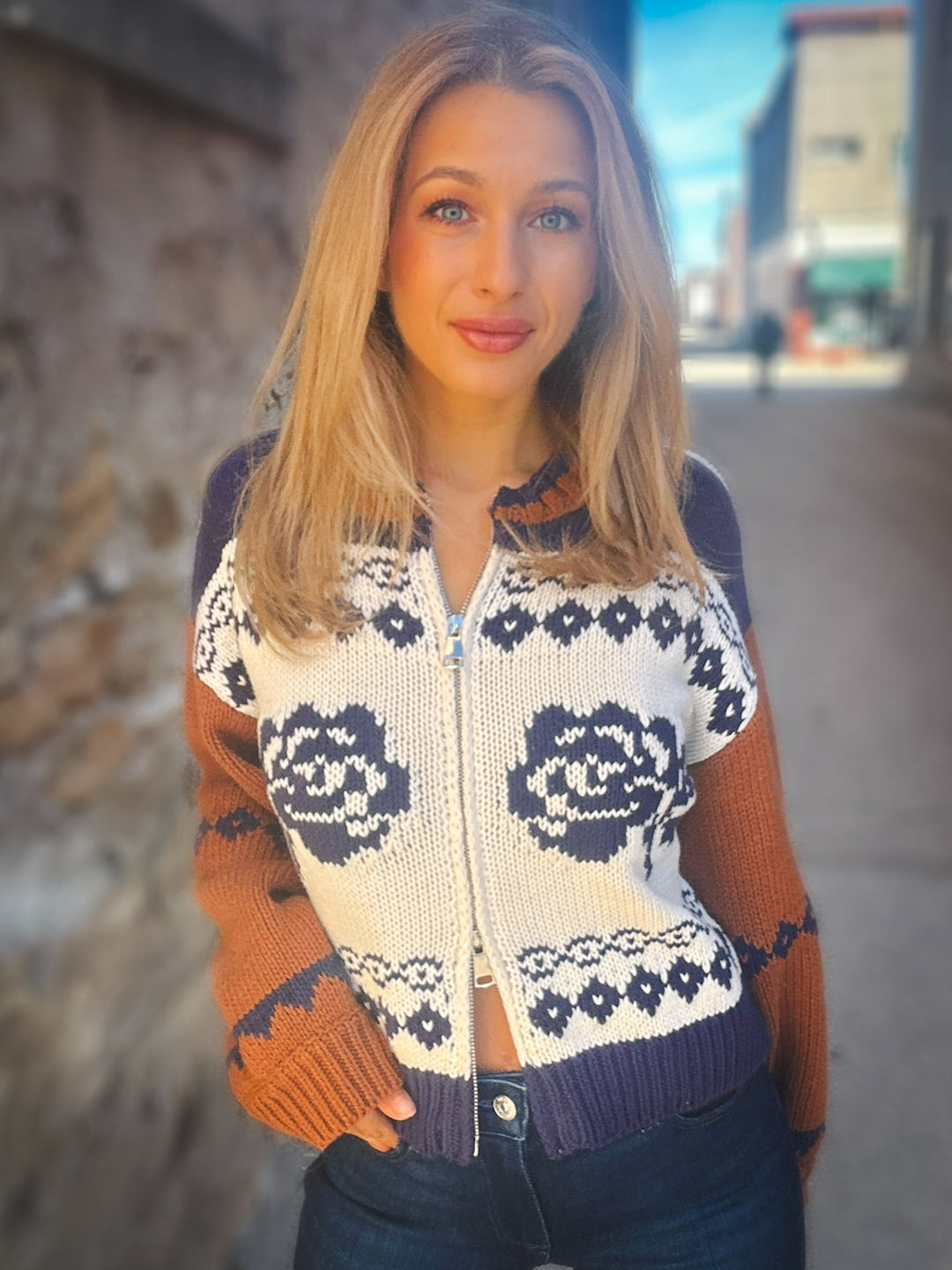 Sage the Label Sweet Rose Jacquard Zip Sweater Jacket