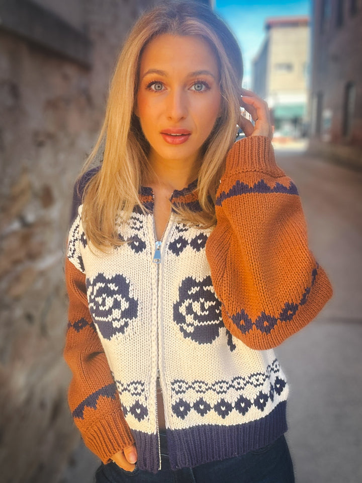 Sage the Label Sweet Rose Jacquard Zip Sweater Jacket