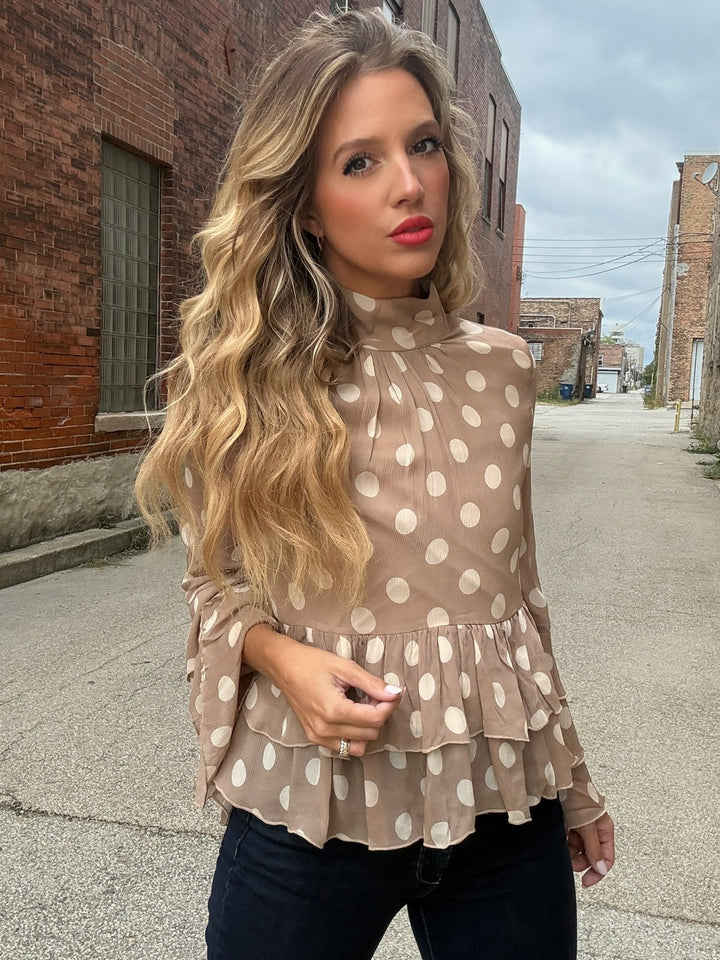Tribal Dottie Mock Neck Peplum Blouse