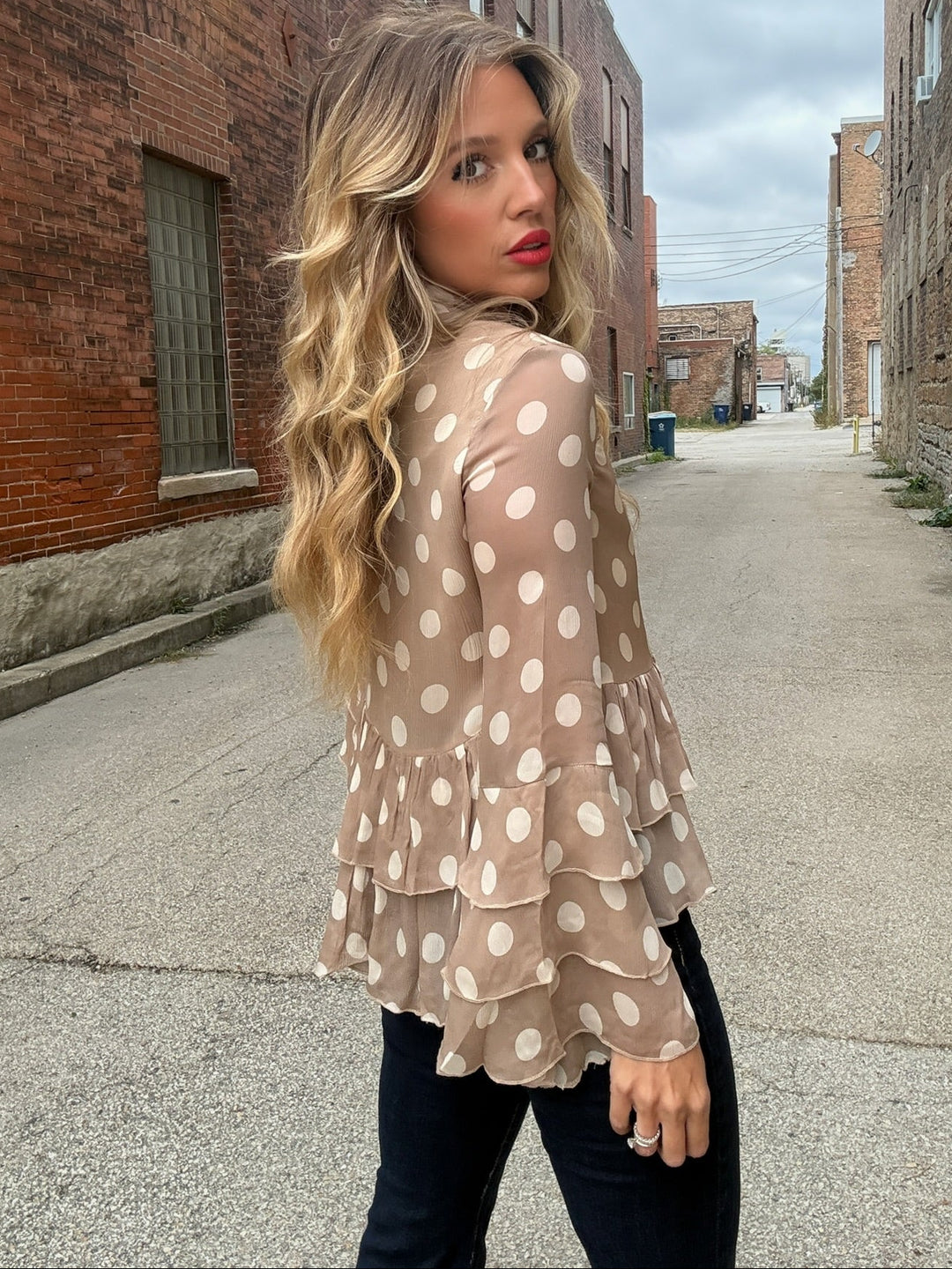 Tribal Dottie Mock Neck Peplum Blouse