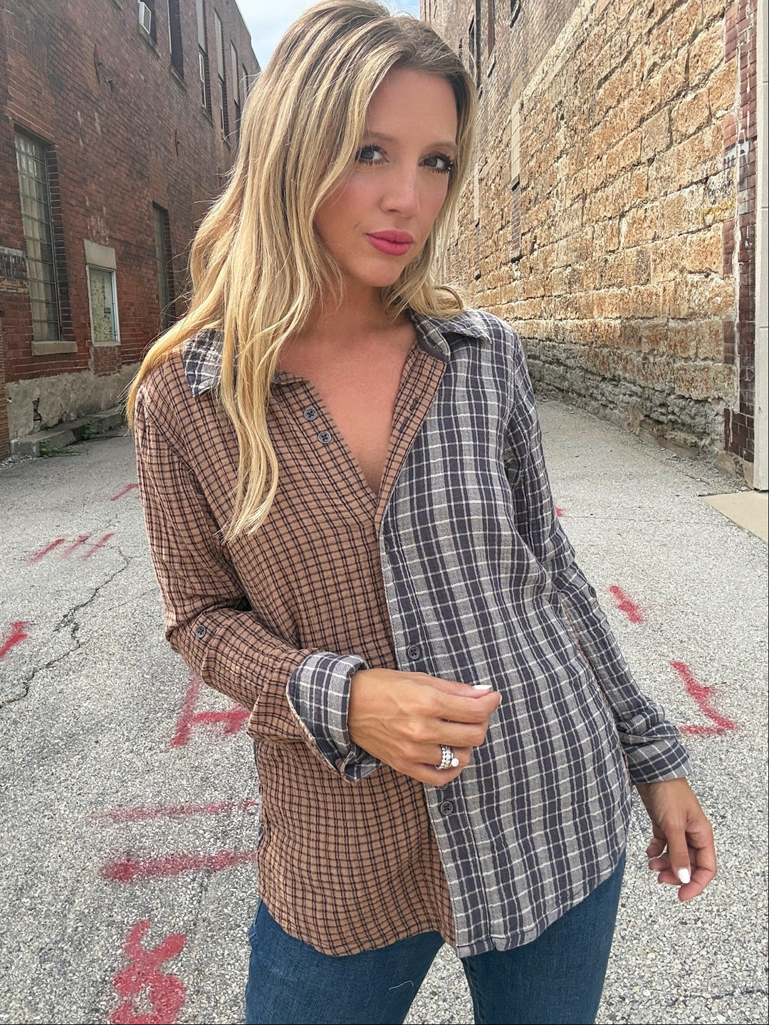 Free People Benny Slim Plaid Button Down