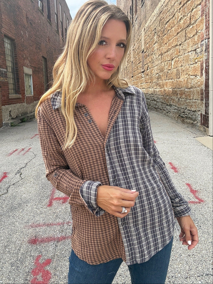 Free People Benny Slim Plaid Button Down
