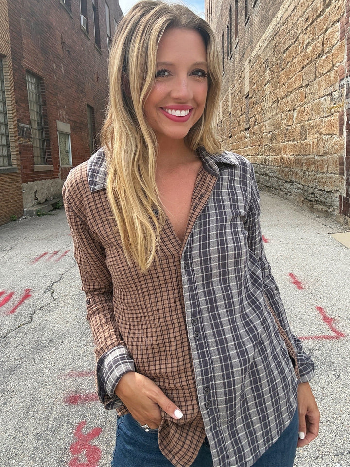 Free People Benny Slim Plaid Button Down