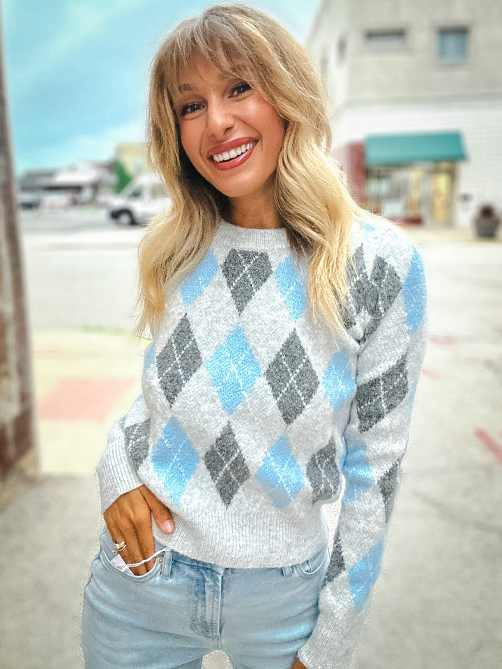 Sadie & Sage Blue Fog Argyle Sweater