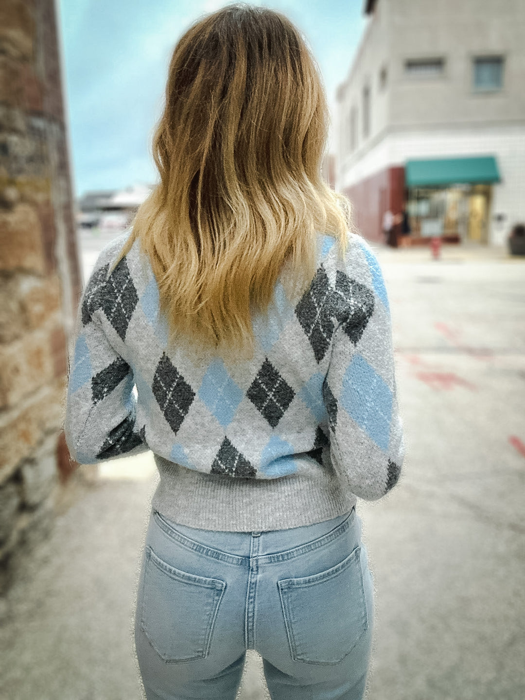 Sadie & Sage Blue Fog Argyle Sweater