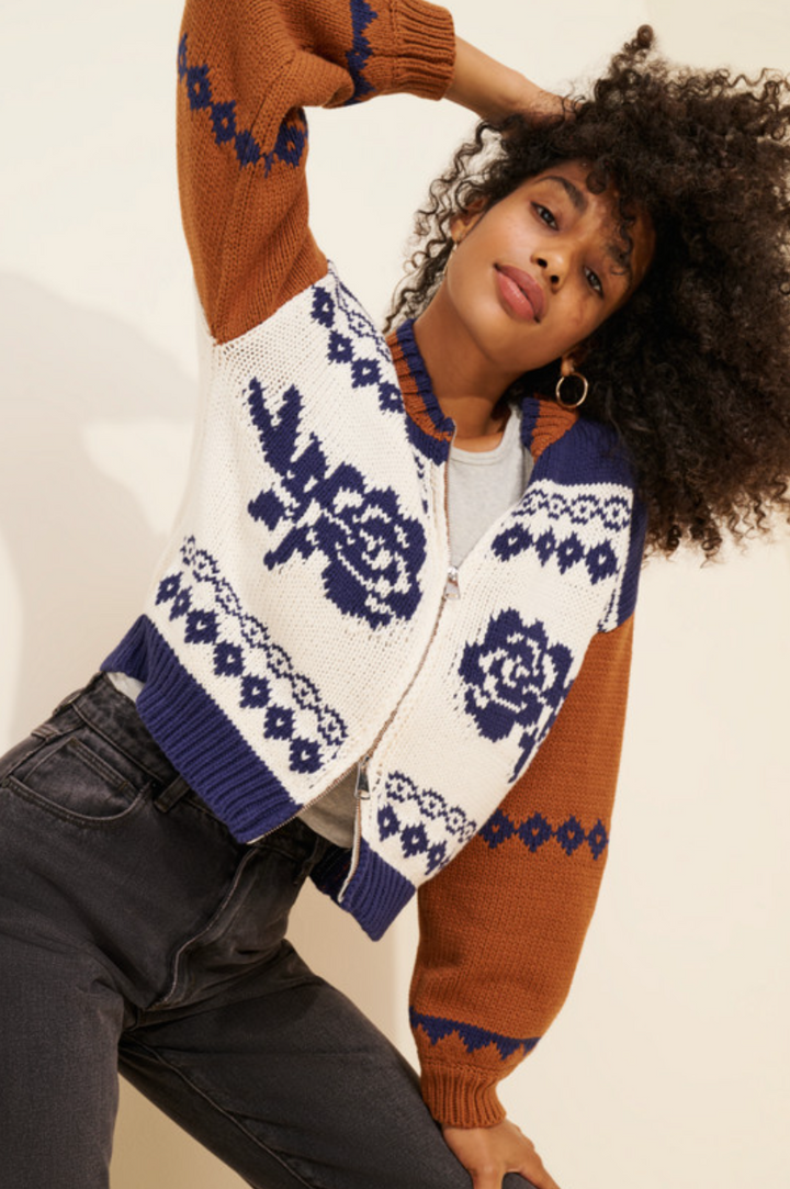 Sage the Label Sweet Rose Jacquard Zip Sweater Jacket