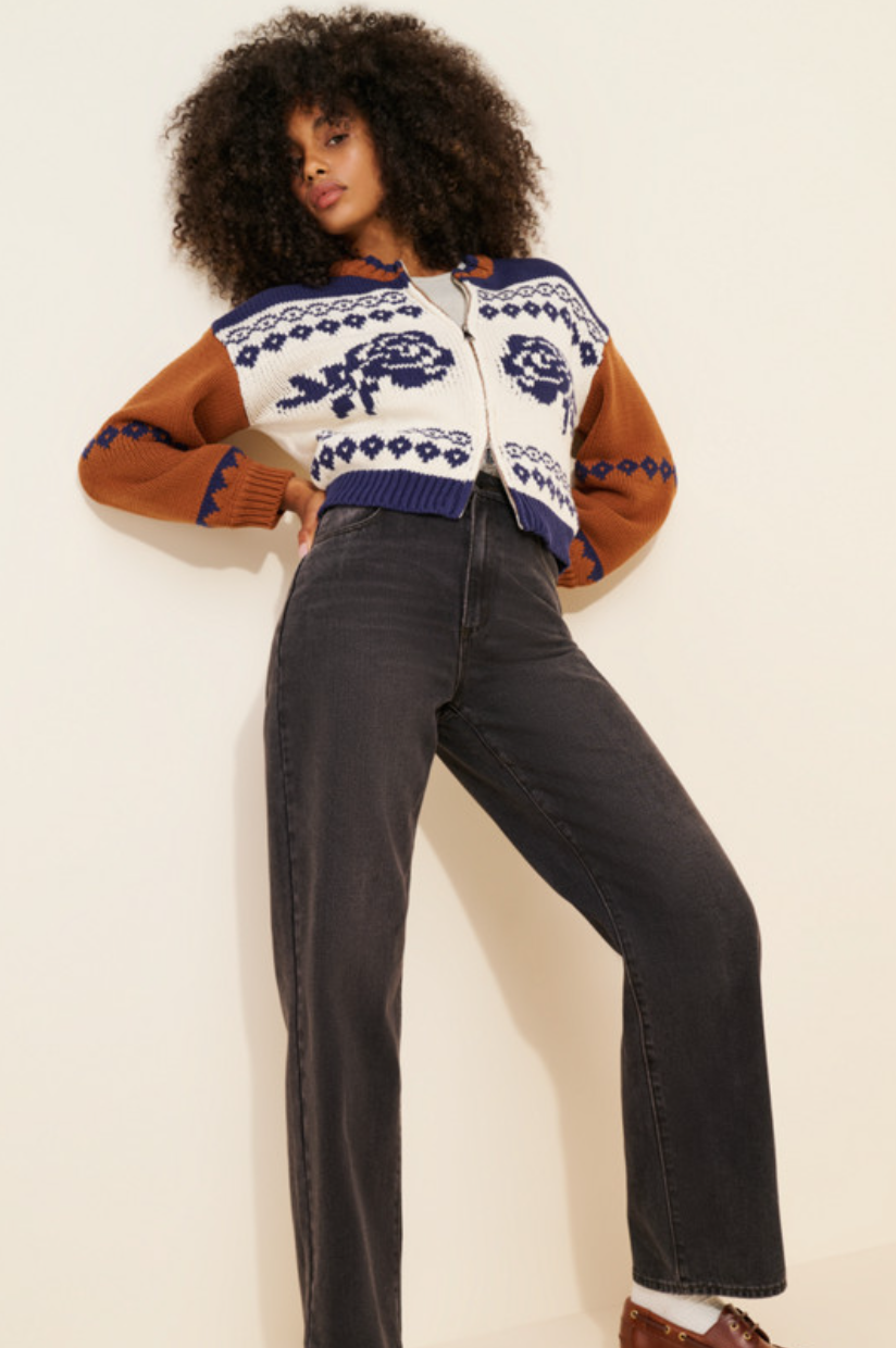 Sage the Label Sweet Rose Jacquard Zip Sweater Jacket