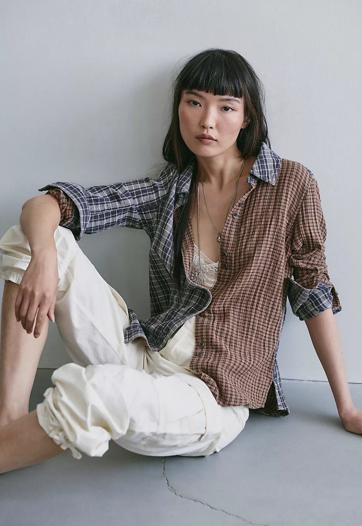 Free People Benny Slim Plaid Button Down