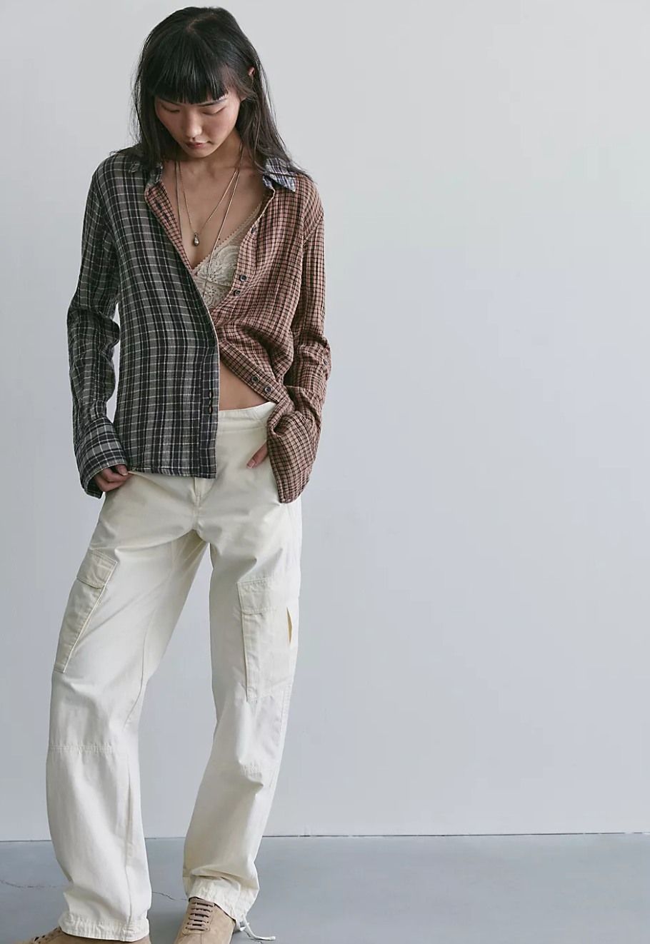 Free People Benny Slim Plaid Button Down