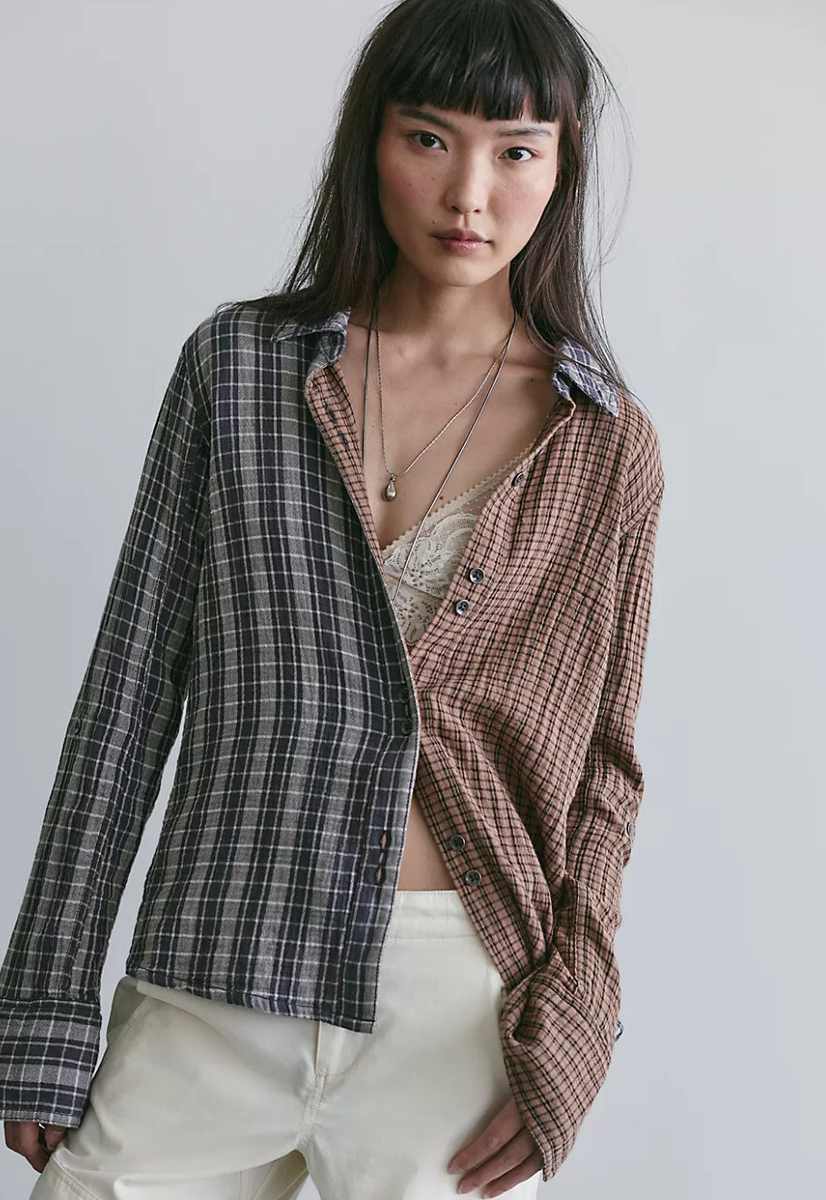 Free People Benny Slim Plaid Button Down