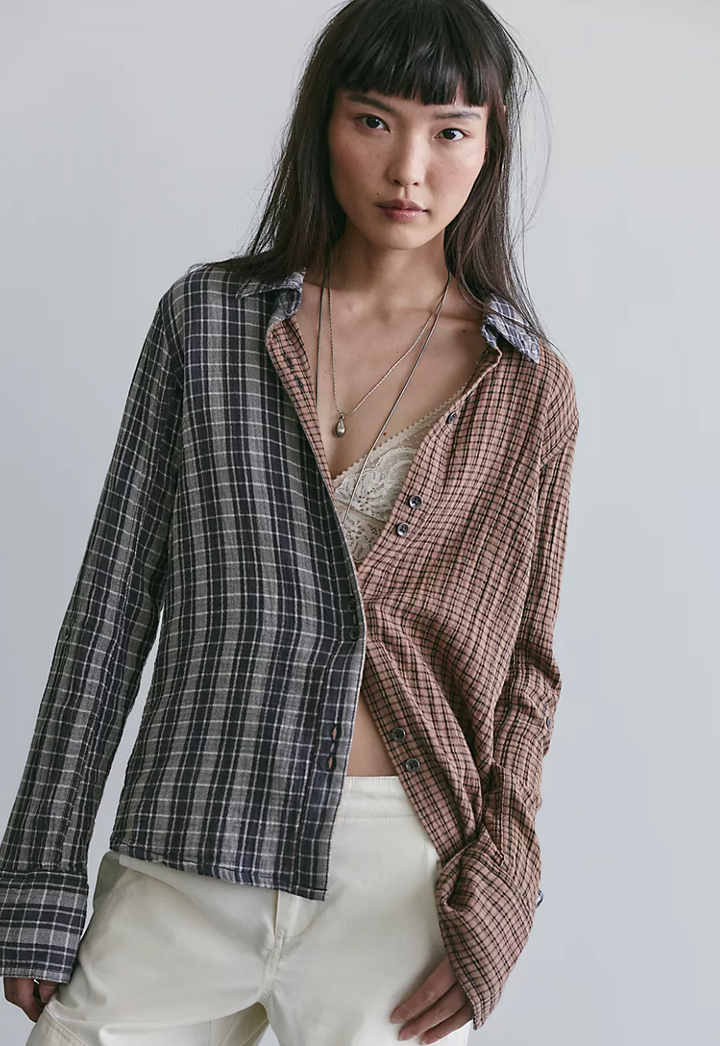Free People Benny Slim Plaid Button Down