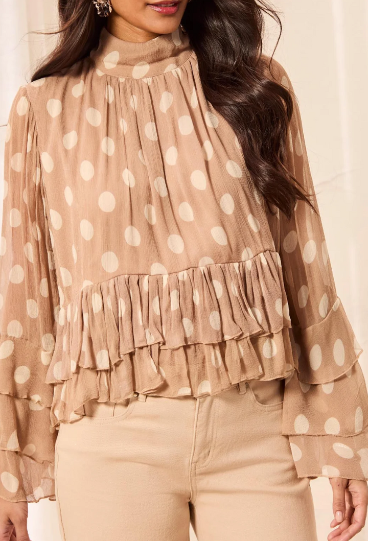 Tribal Dottie Mock Neck Peplum Blouse