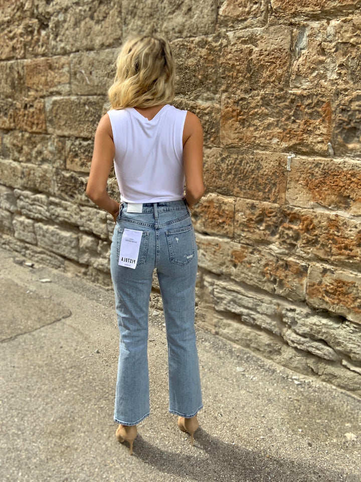 Pistola Lennon High Rise Crop Boot Denim in Rainer Distressed